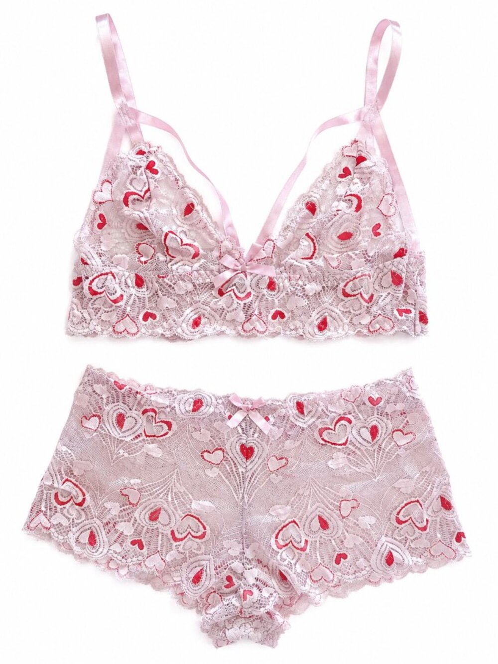 Lace Trim Lingerie Set 2-Piece Pink Wireless Bra & Panty